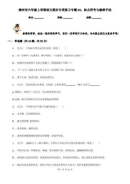 柳州市六年级上学期语文期末专项复习专题04：标点符号与修辞手法