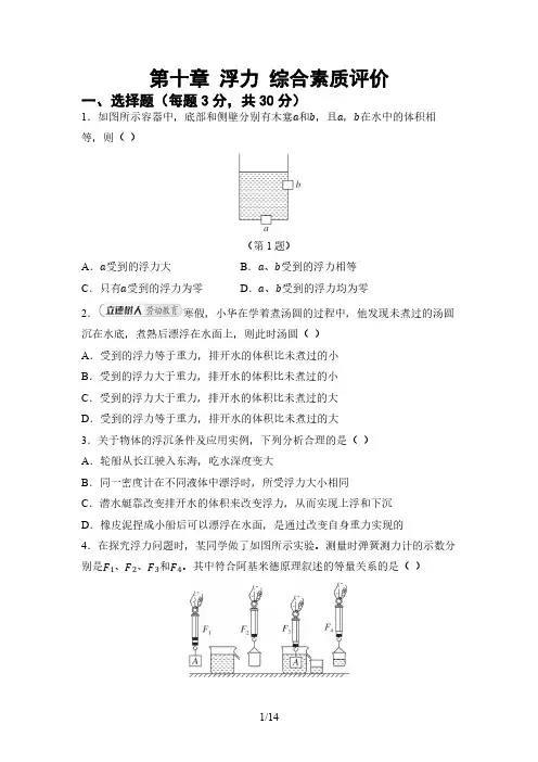 第十章 浮力 综合素质评价卷(含答案)2024-2025学年人教版八年级物理下册(含答案)