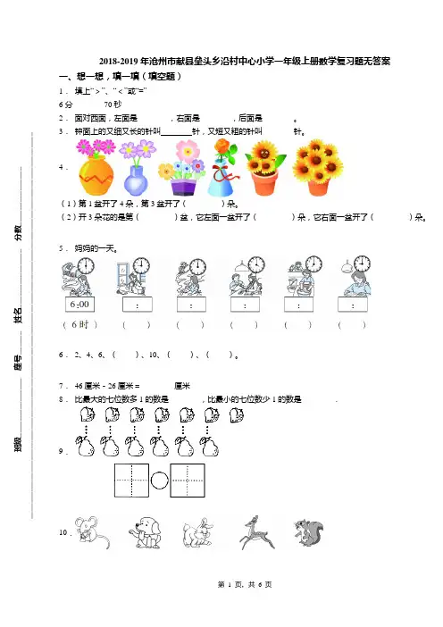 2018-2019年沧州市献县垒头乡沿村中心小学一年级上册数学复习题无答案