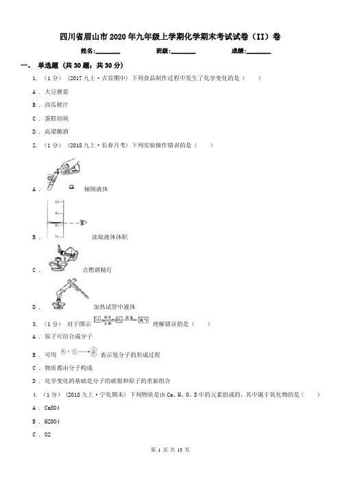 四川省眉山市2020年九年级上学期化学期末考试试卷(II)卷(练习)