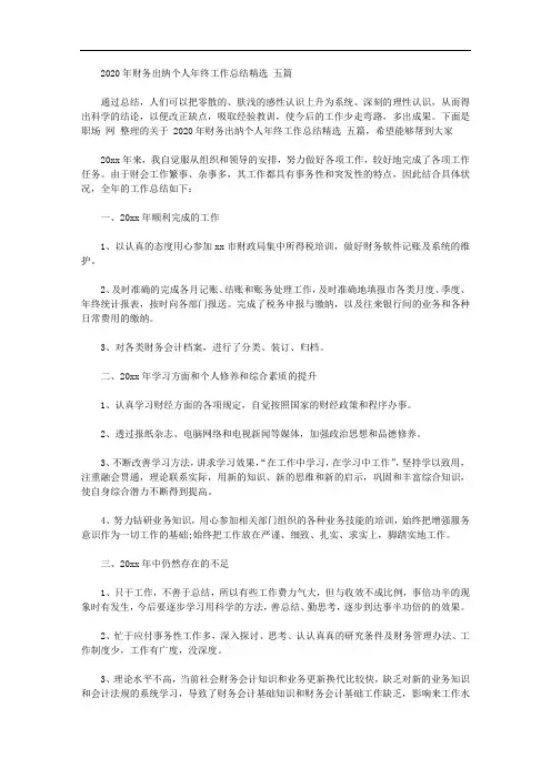 2020年财务出纳个人年终工作总结精选范文五篇【精品】