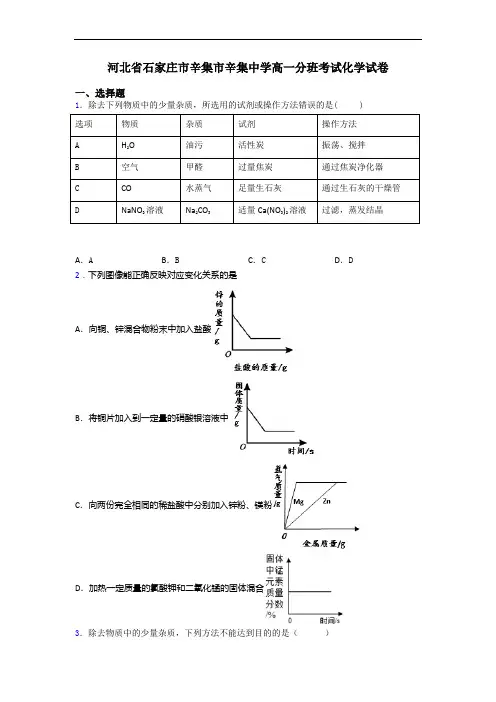 河北省石家庄市辛集市辛集中学高一分班考试化学试卷