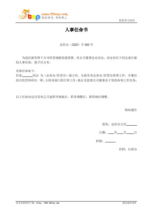 企业人事任命书格式