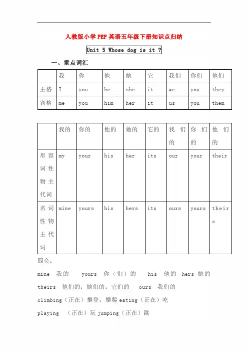 【人教版】小学PEP英语五年级下册第五单元知识点归纳