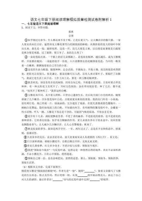 语文七年级下册阅读理解模拟质量检测试卷附解析1
