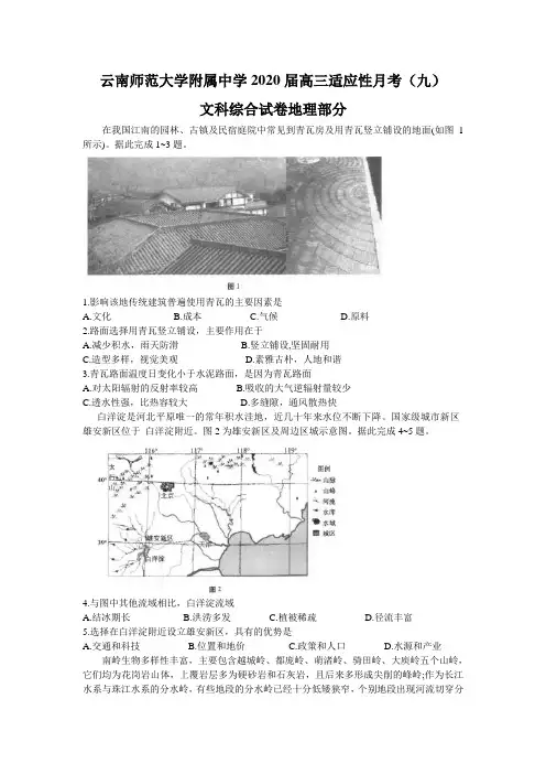 云南师范大学附属中学2020届高三适应性月考（九）文科综合地理试题 