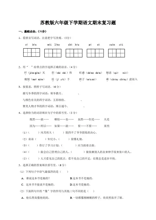苏教版六年级下学期语文期末复习题