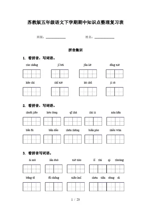 苏教版五年级语文下学期期中知识点整理复习表