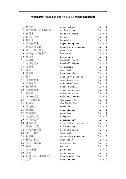 牛津译林版七年级英语上册 Unit 1-8全部短语词组归纳