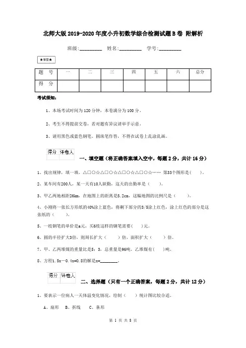 北师大版2019-2020年度小升初数学综合检测试题B卷 附解析