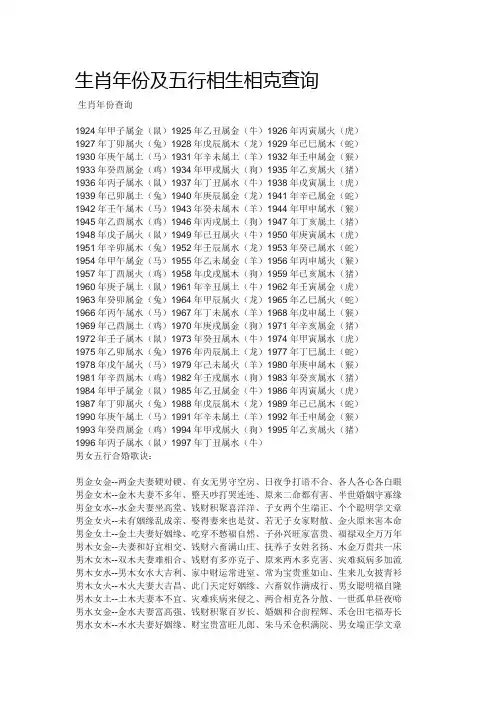 生肖年份及五行相生相克查询