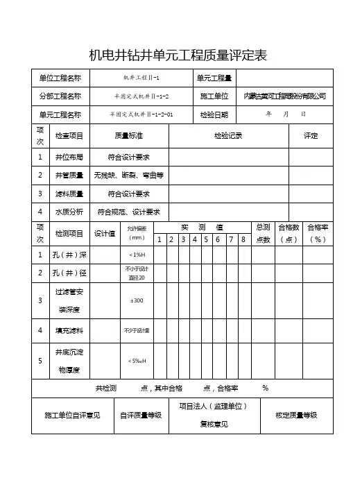 机电井钻井单元工程质量评定表(半固定式)