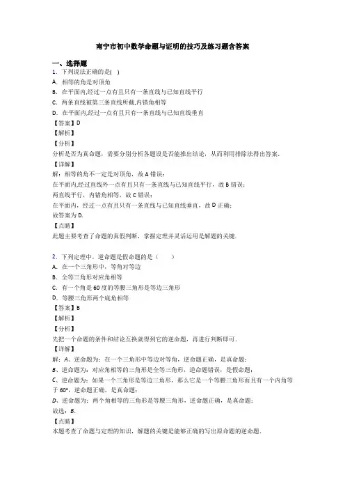 南宁市初中数学命题与证明的技巧及练习题含答案