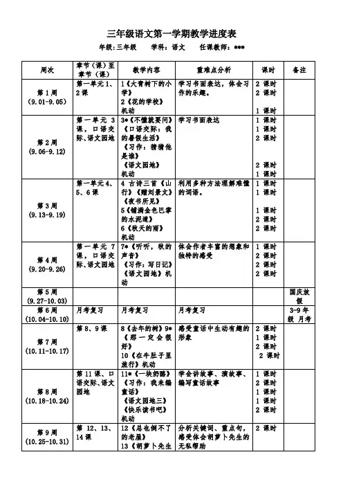 部编版三年级语文上学期教学进度表
