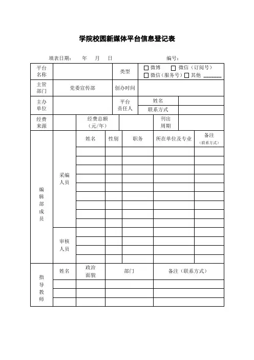 学院校园新媒体平台信息登记表
