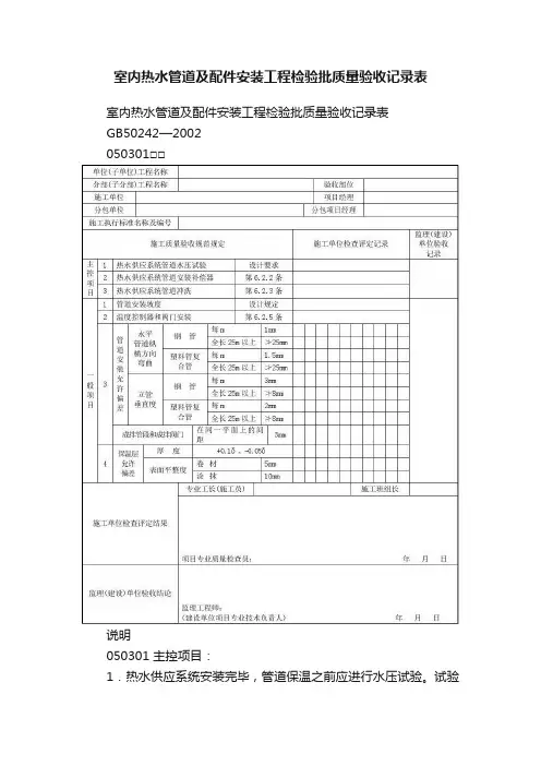室内热水管道及配件安装工程检验批质量验收记录表