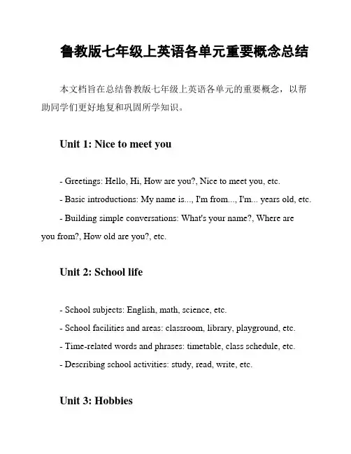 鲁教版七年级上英语各单元重要概念总结
