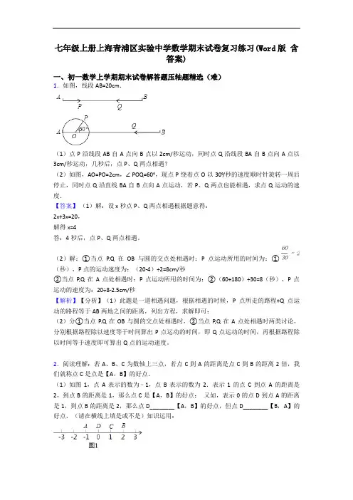 七年级上册上海青浦区实验中学数学期末试卷复习练习(Word版 含答案)