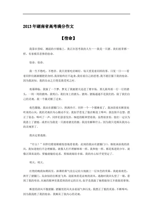 2013年湖南省高考满分作文