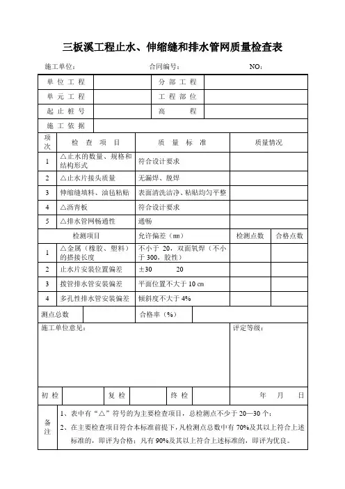 止水、伸缩缝和排水管网质量检查表