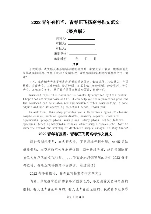 2022青年有担当,青春正飞扬高考作文范文