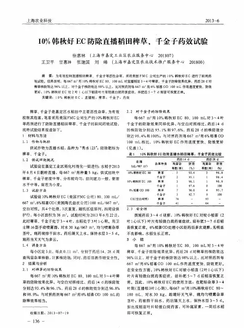 10%韩秋好EC防除直播稻田稗草、千金子药效试验