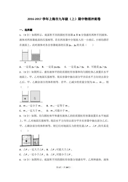 2016-2017学年上海市九年级(上)期中物理冲刺卷及答案