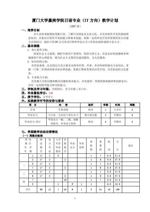 厦门大学嘉庚学院日语专业(IT方向)教学计划