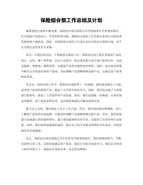 保险综合部工作总结及计划
