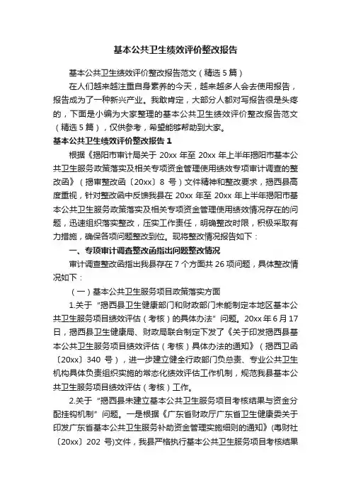 基本公共卫生绩效评价整改报告范文（精选5篇）