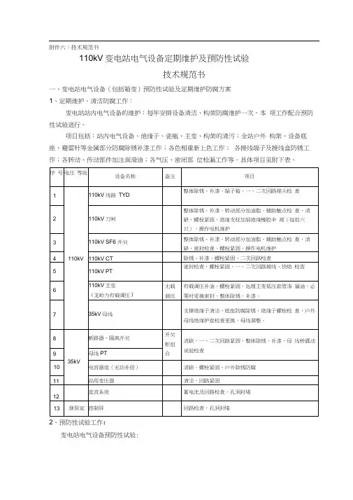 110kV变电电气设备定期维护及预防性试验技术规范书
