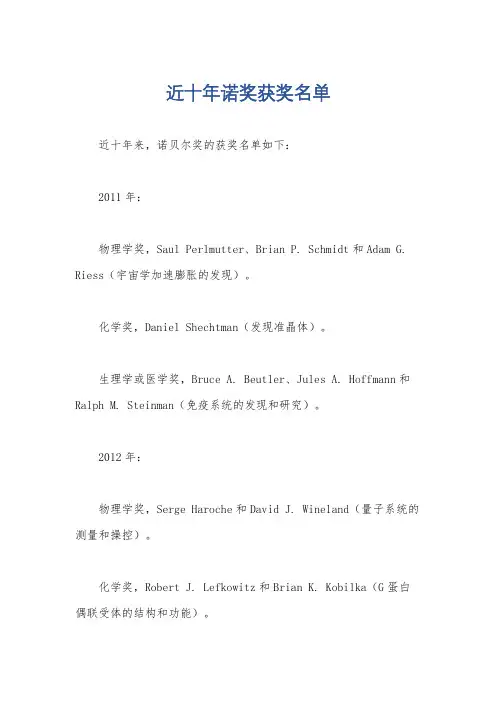 近十年诺奖获奖名单
