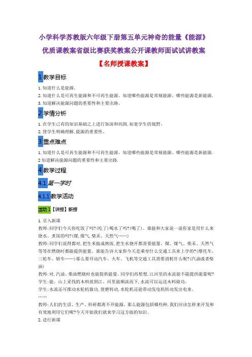 小学科学苏教版六年级下册第五单元神奇的能量《能源》优质课教案省级比赛获奖教案公开课教师面试试讲教案