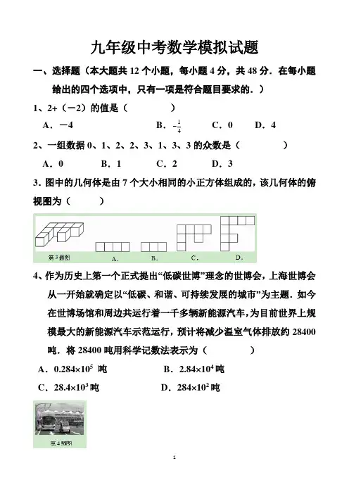 最新北师大版九年级中考数学模拟试题以及答案(2套题)