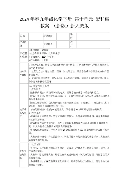 2024年春九年级化学下册第十单元酸和碱教案(新版)新人教版