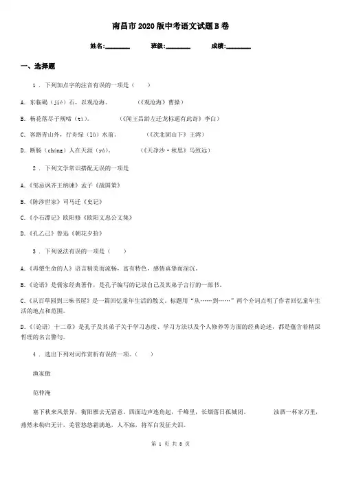 南昌市2020版中考语文试题B卷