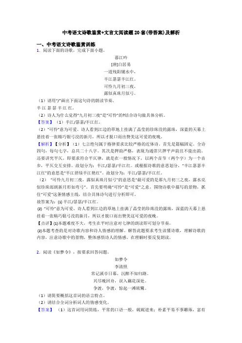 中考语文诗歌鉴赏+文言文阅读题20套(带答案)及解析