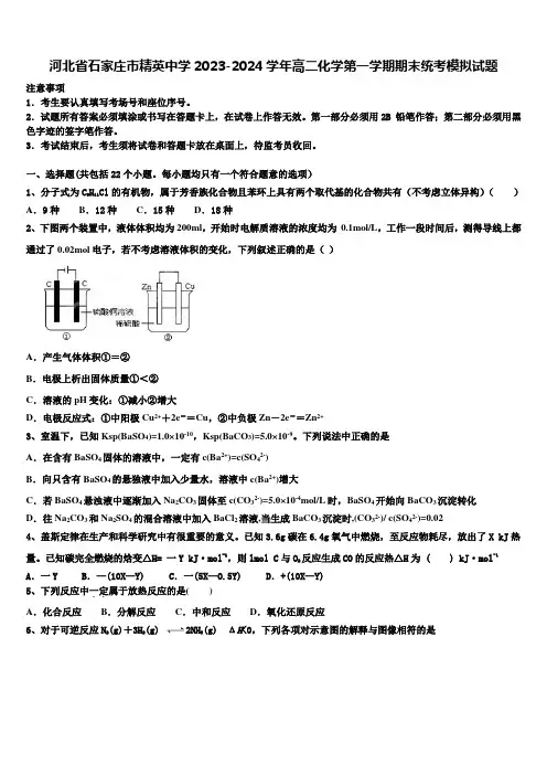 河北省石家庄市精英中学2023-2024学年高二化学第一学期期末统考模拟试题含解析
