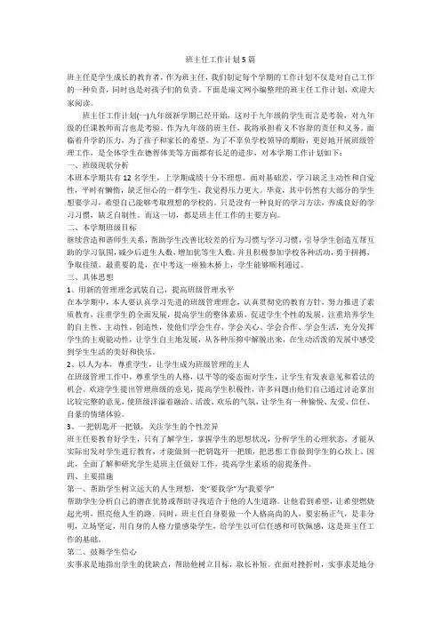 班主任工作计划5篇