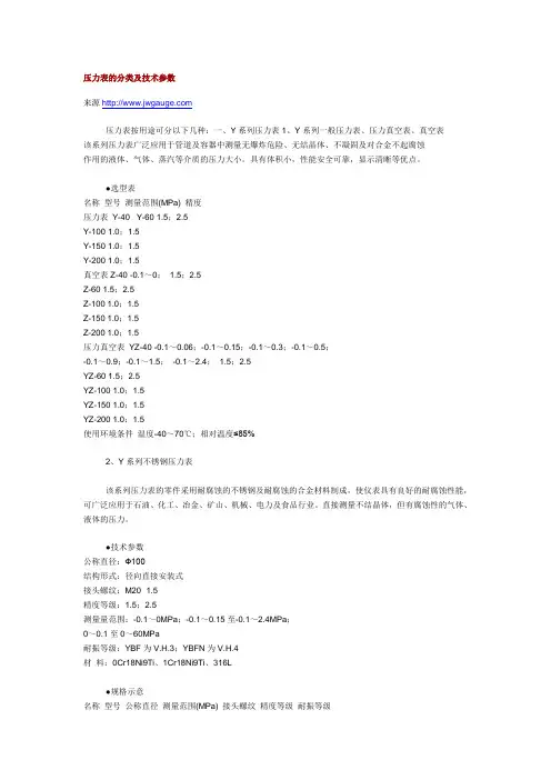 压力表的分类及技术参数