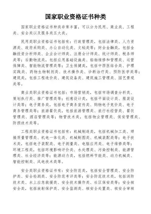 国家职业资格证书种类