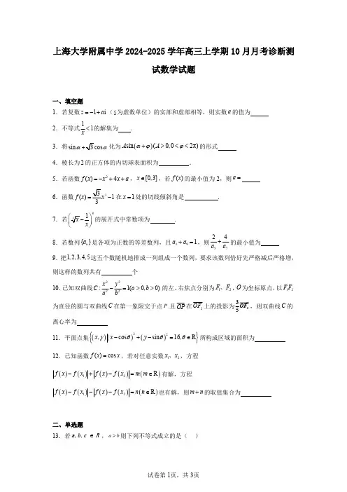 上海大学附属中学2024-2025学年高三上学期10月月考诊断测试数学试题
