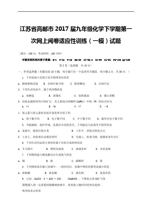 九年级化学下学期第一次网上阅卷适应性训练(一模)试题