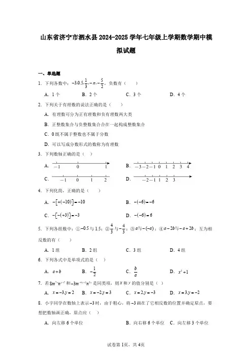 山东省济宁市泗水县2024-2025学年七年级上学期数学期中模拟试题