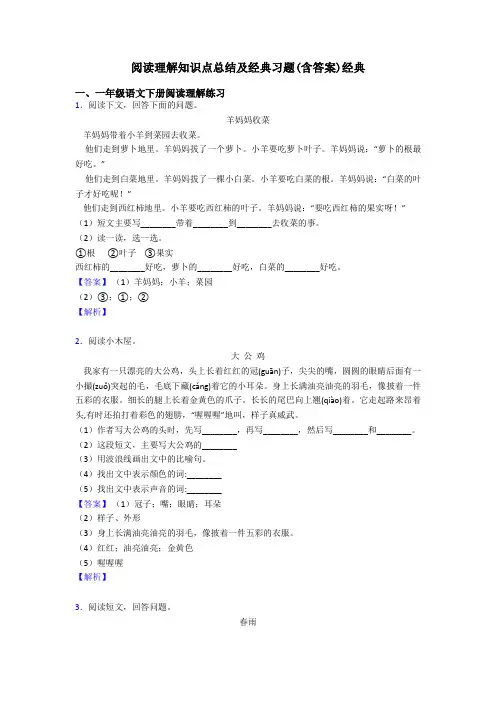 一年级阅读理解知识点总结及经典习题(含答案)经典