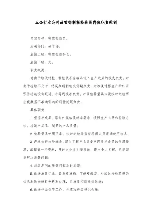 五金行业公司品管部制程检验员岗位职责范例