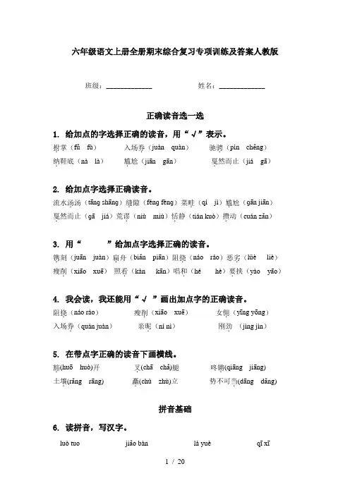 六年级语文上册全册期末综合复习专项训练及答案人教版