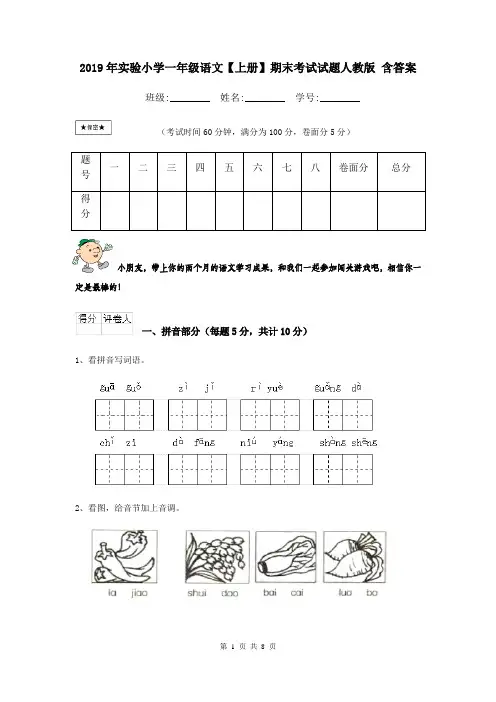 2019年实验小学一年级语文【上册】期末考试试题人教版 含答案
