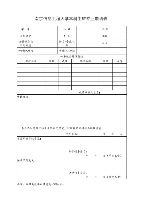 南京信息工程大学本科生转专业申请表