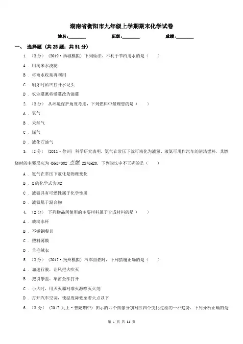 湖南省衡阳市九年级上学期期末化学试卷